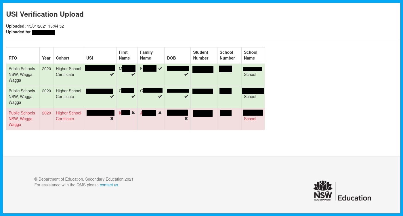 excerpt of an USI verification upload form detailing individual records