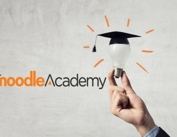 hand holding lightbulb that has a mortarboard sitting on top with Moodle Academy logo on the left